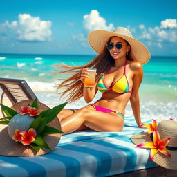 A stunning beach scene featuring a beautiful woman in a colorful bikini, lounging on a sunbed, enjoying a refreshing drink