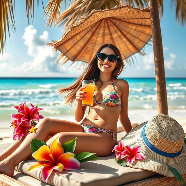 A stunning beach scene featuring a beautiful woman in a colorful bikini, lounging on a sunbed, enjoying a refreshing drink