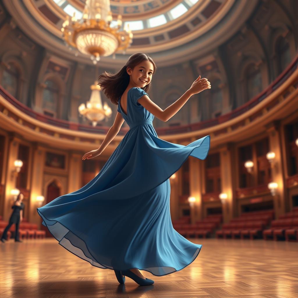 A realistic 3D modeling image of a girl in a flowing blue dress dancing gracefully in a grand concert hall