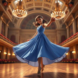 A realistic 3D modeling image of a girl in a flowing blue dress dancing gracefully in a grand concert hall