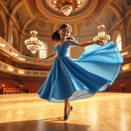 A realistic 3D modeling image of a girl in a flowing blue dress dancing gracefully in a grand concert hall