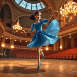 A realistic 3D modeling image of a girl in a flowing blue dress dancing gracefully in a grand concert hall