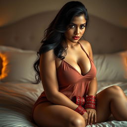 A super seductive Indian woman sitting on a plush bed, wearing a loose tank top that showcases ample cleavage and highlights her curves