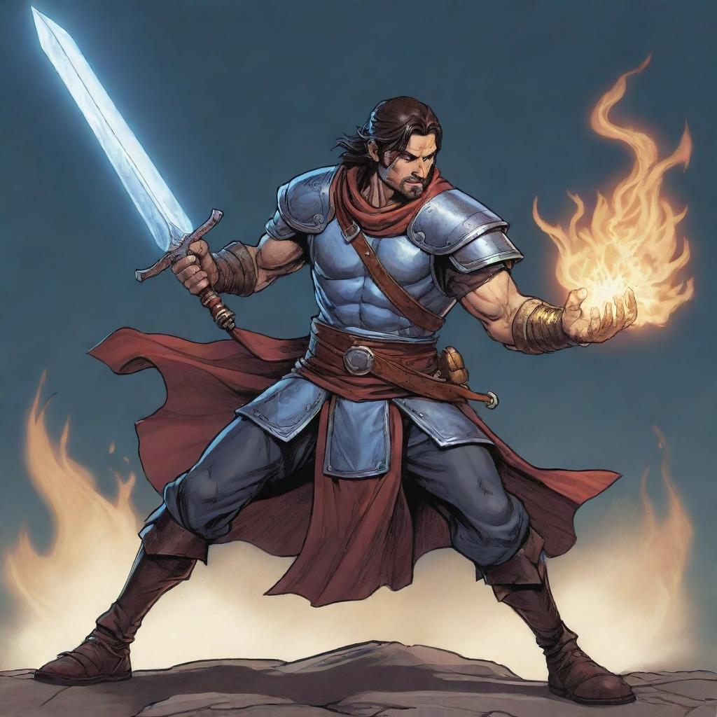 A comic-style illustration of a RPG Arcane Warrior, his energy-imbued weapon at ready, brimming with magic in a vein-rushing combat stance.