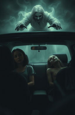 A chilling horror scene depicting two girls in a car, with one girl decapitated, her head missing from the backseat