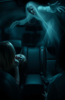 A chilling horror scene depicting two girls in a car, with one girl decapitated, her head missing from the backseat
