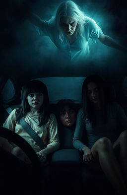 A chilling horror scene depicting two girls in a car, with one girl decapitated, her head missing from the backseat