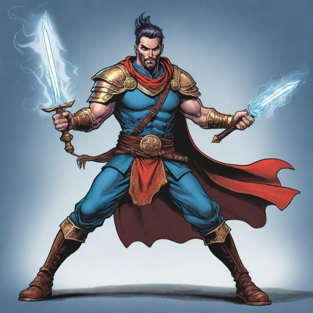 A comic-style illustration of a RPG Arcane Warrior, his energy-imbued weapon at ready, brimming with magic in a vein-rushing combat stance.