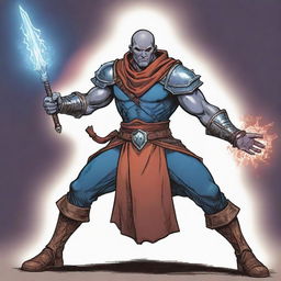 A comic-style illustration of a RPG Arcane Warrior, his energy-imbued weapon at ready, brimming with magic in a vein-rushing combat stance.