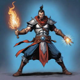 A comic-style illustration of a RPG Arcane Warrior, his energy-imbued weapon at ready, brimming with magic in a vein-rushing combat stance.