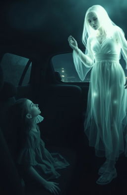 A horror scene depicting a dark and eerie car interior with two girls; one girl is decapitated in the backseat, her body slumped against the seat, lifeless and ominous
