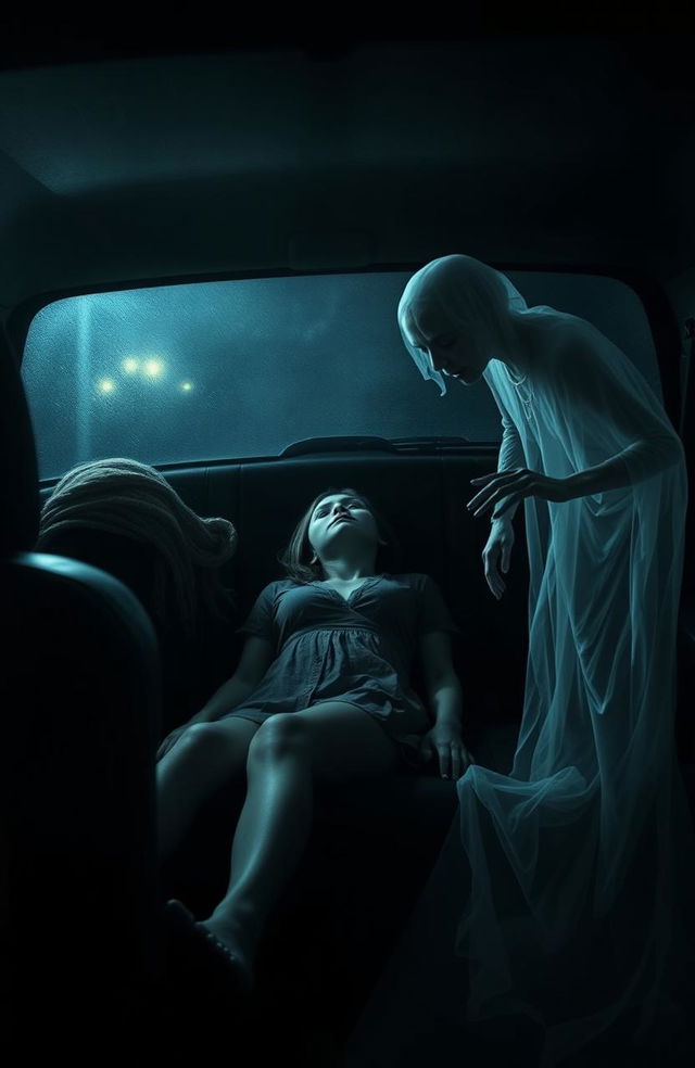 A horror scene depicting a dark and eerie car interior with two girls; one girl is decapitated in the backseat, her body slumped against the seat, lifeless and ominous