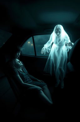 A horror scene depicting a dark and eerie car interior with two girls; one girl is decapitated in the backseat, her body slumped against the seat, lifeless and ominous
