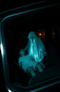 A horror scene depicting a dark and eerie car interior with two girls; one girl is decapitated in the backseat, her body slumped against the seat, lifeless and ominous