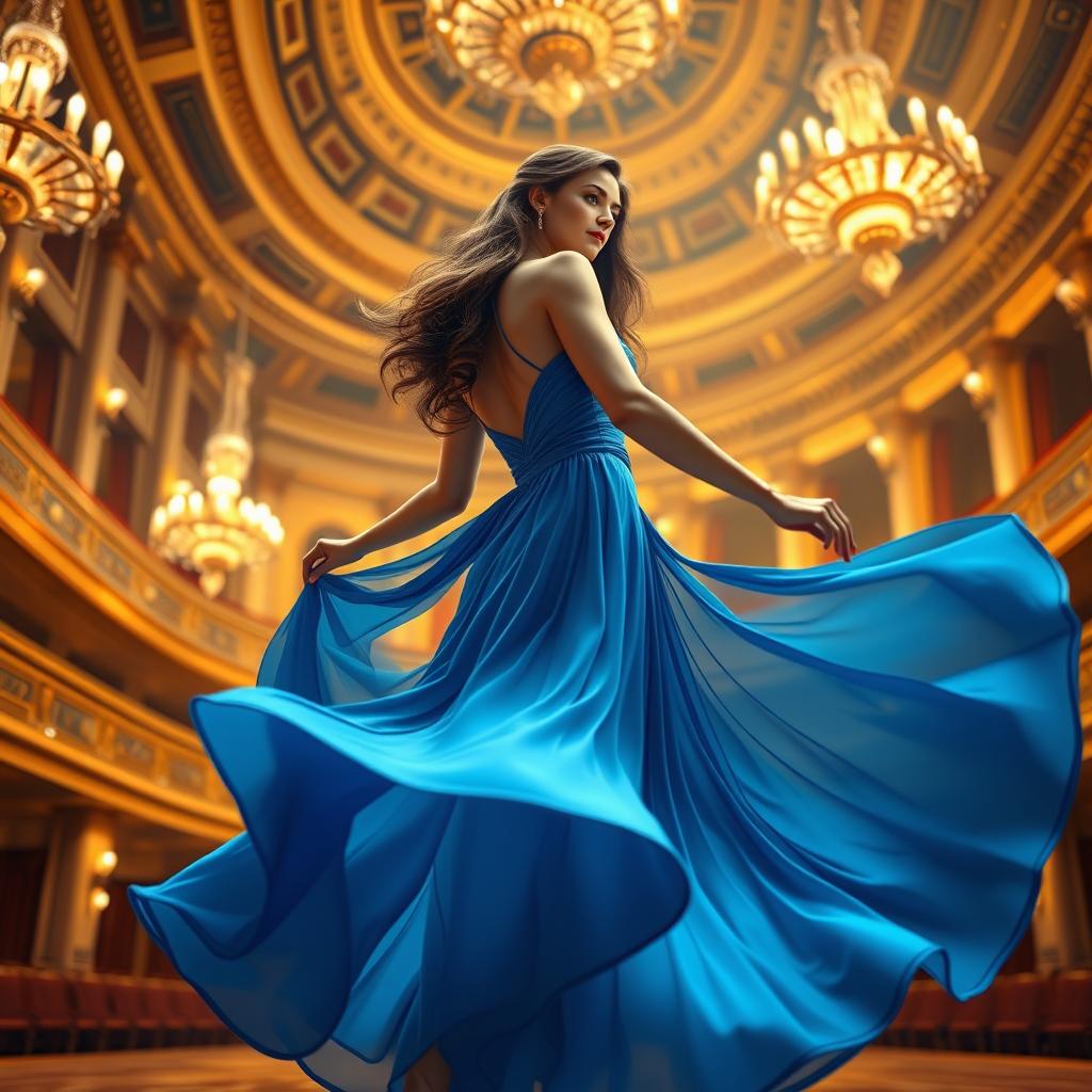 A stunning realistic 3D model of a woman in a flowing blue dress, dancing gracefully in an opulent concert hall