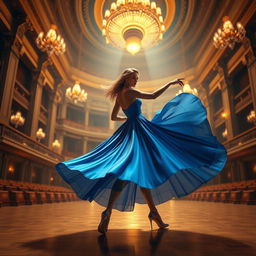 A stunning realistic 3D model of a woman in a flowing blue dress, dancing gracefully in an opulent concert hall