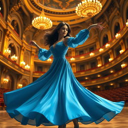 A stunning realistic 3D model of a woman in a flowing blue dress, dancing gracefully in an opulent concert hall