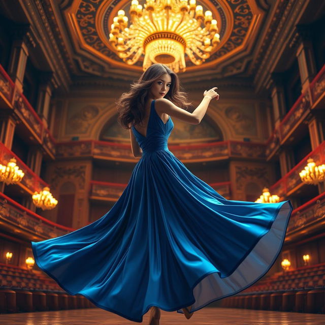 A stunning realistic 3D model of a woman in a flowing blue dress, dancing gracefully in an opulent concert hall