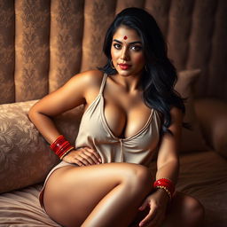 A very fair-skinned Indian woman sitting on a plush bed in a super seductive pose