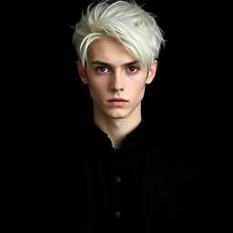 A striking young man with white hair and intense red eyes, dressed head to toe in black attire
