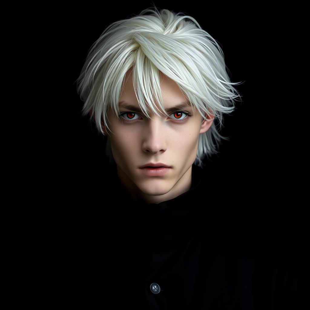 A striking young man with white hair and intense red eyes, dressed head to toe in black attire