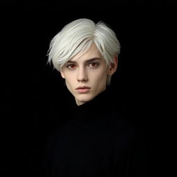 A striking young man with white hair and intense red eyes, dressed head to toe in black attire
