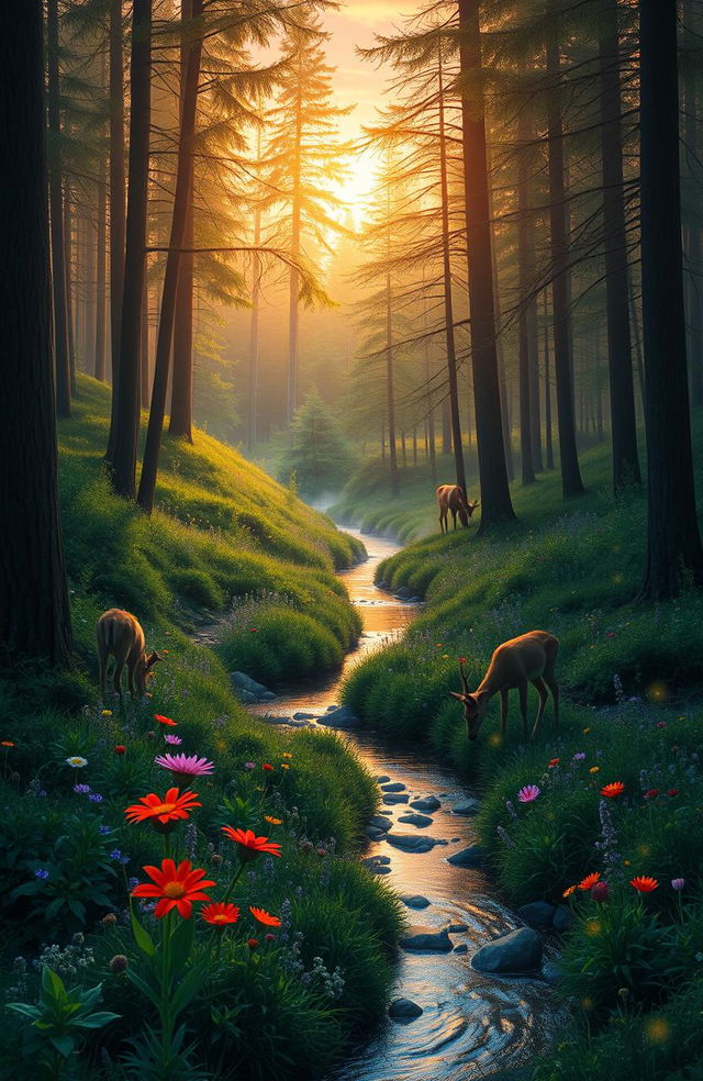 A serene and enchanting forest scene at dusk, where sunlight filters through the tall trees, casting a warm golden glow on the lush, green underbrush