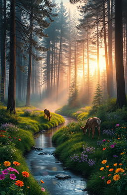 A serene and enchanting forest scene at dusk, where sunlight filters through the tall trees, casting a warm golden glow on the lush, green underbrush