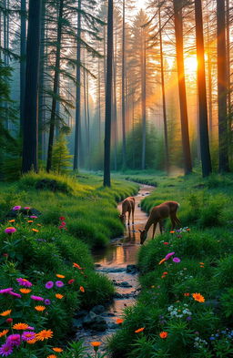 A serene and enchanting forest scene at dusk, where sunlight filters through the tall trees, casting a warm golden glow on the lush, green underbrush