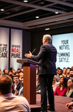 A dynamic and inspiring leader addressing a diverse audience, showcasing confidence and charisma