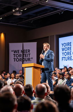 A dynamic and inspiring leader addressing a diverse audience, showcasing confidence and charisma