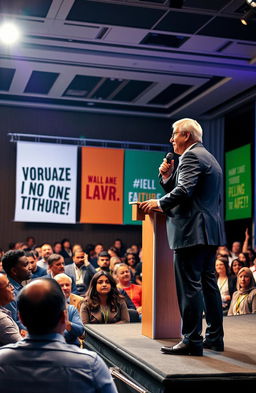 A dynamic and inspiring leader addressing a diverse audience, showcasing confidence and charisma
