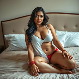 An alluring Indian woman with a fair and light wheatish complexion sitting on a plush bed, wearing a loose white tank top that showcases her extremely curvy figure and ample cleavage