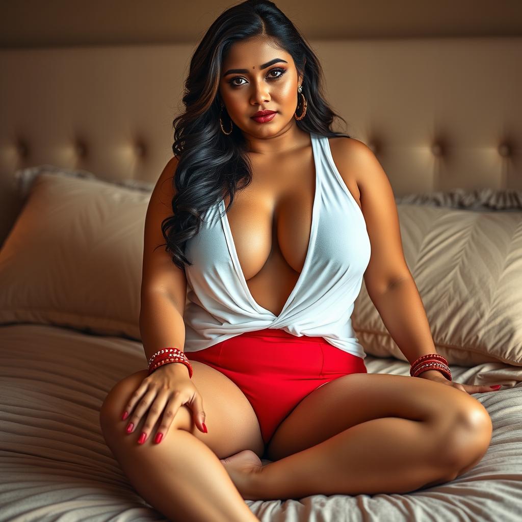 An alluring Indian woman with a fair and light wheatish complexion sitting on a plush bed, wearing a loose white tank top that showcases her extremely curvy figure and ample cleavage