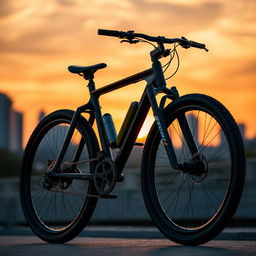 A dramatic and cinematic scene of a sleek and futuristic bicycle made from high-quality materials, highlighting the intricate details of its components, such as the sporty tires, advanced gear system, and aerodynamic frame