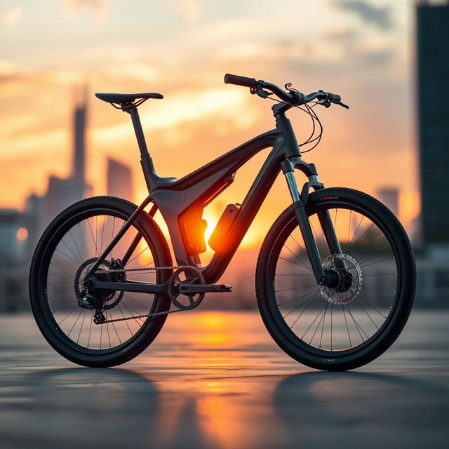 A dramatic and cinematic scene of a sleek and futuristic bicycle made from high-quality materials, highlighting the intricate details of its components, such as the sporty tires, advanced gear system, and aerodynamic frame