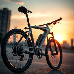 A dramatic and cinematic scene of a sleek and futuristic bicycle made from high-quality materials, highlighting the intricate details of its components, such as the sporty tires, advanced gear system, and aerodynamic frame