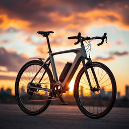 A dramatic and cinematic scene of a sleek and futuristic bicycle made from high-quality materials, highlighting the intricate details of its components, such as the sporty tires, advanced gear system, and aerodynamic frame