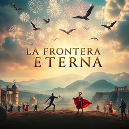 An epic adventure film titled 'La Frontera Eterna', set against the breathtaking landscapes of South Africa, Spain, and Mexico