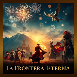 An epic adventure film titled 'La Frontera Eterna', set against the breathtaking landscapes of South Africa, Spain, and Mexico