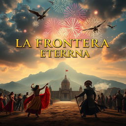 An epic adventure film titled 'La Frontera Eterna', set against the breathtaking landscapes of South Africa, Spain, and Mexico