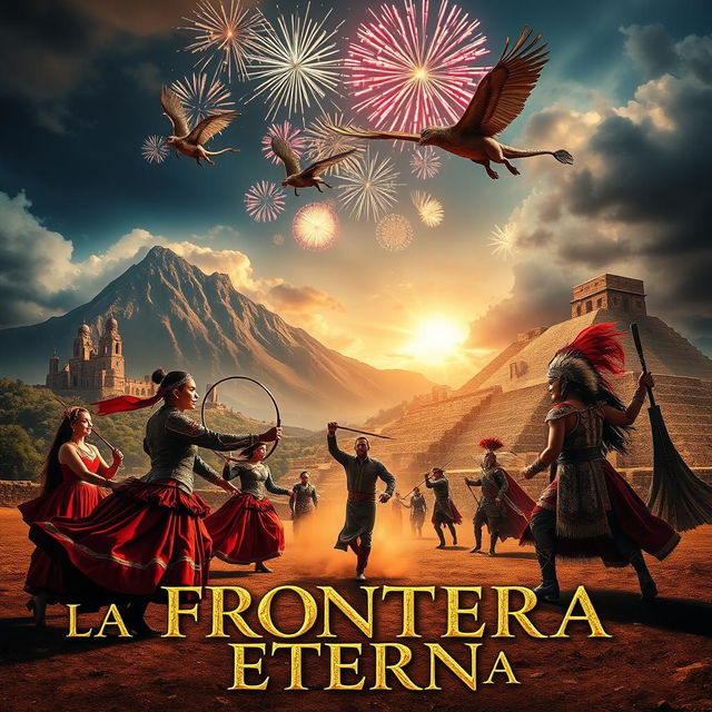 An epic adventure film titled 'La Frontera Eterna', set against the breathtaking landscapes of South Africa, Spain, and Mexico