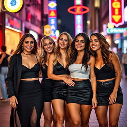 A close group of five beautiful women, smiling and enjoying a lively night out in the city