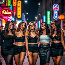 A close group of five beautiful women, smiling and enjoying a lively night out in the city