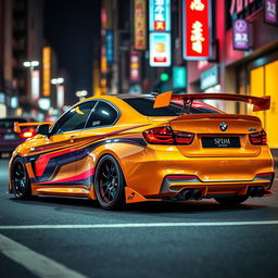 A BMW car modified in a vibrant JDM (Japanese Domestic Market) style, featuring a sleek body kit, aggressive stance, and lowered suspension