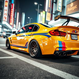 A BMW car modified in a vibrant JDM (Japanese Domestic Market) style, featuring a sleek body kit, aggressive stance, and lowered suspension