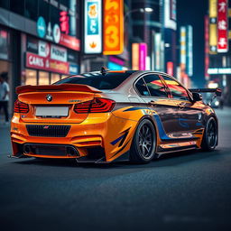 A BMW car modified in a vibrant JDM (Japanese Domestic Market) style, featuring a sleek body kit, aggressive stance, and lowered suspension