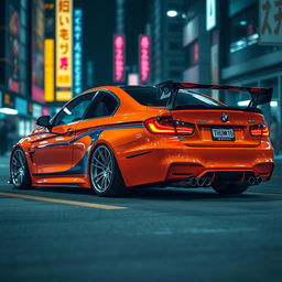 A BMW car modified in a vibrant JDM (Japanese Domestic Market) style, featuring a sleek body kit, aggressive stance, and lowered suspension