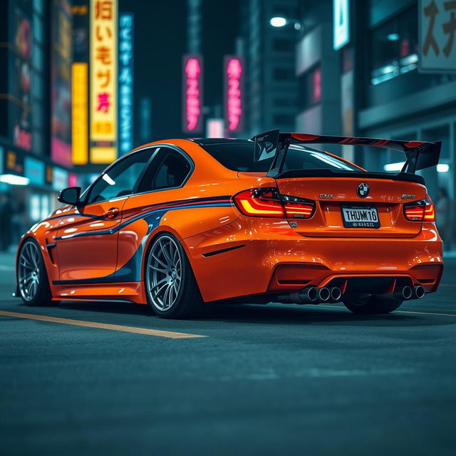 A BMW car modified in a vibrant JDM (Japanese Domestic Market) style, featuring a sleek body kit, aggressive stance, and lowered suspension