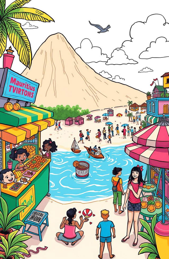 A vibrant, hand-drawn illustration featuring budget-friendly attractions for youngsters in Mauritius